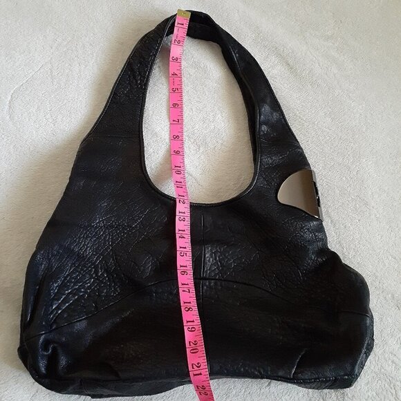 Halston Heritage Women's Black Pebbled Leather Metal Hinge Monogram Hobo Purse - Picture 15 of 15